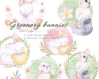 Floral Watercolor White Rabbit Clipart, Printable Bunny Illustration, Cute little and Greenery flower graphic, Egg basket, Spring Easter png