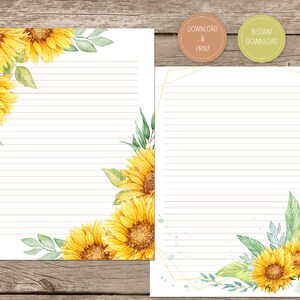 Sunflower Printable Letter Writing Stationery, Floral Journal Page, Flower Instant Download Paper, Digital Writing Sheet, Blank 8.5 x 11