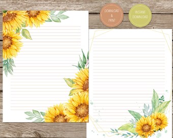 Sunflower Printable Letter Writing Stationery, Floral Journal Page, Flower Instant Download Paper, Digital Writing Sheet, Blank 8.5 x 11