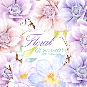 Clipart de flor da floresta, guirlanda de girassol, arranjo floral de casamento, anêmona aquarela lavanda, buquê retrô de outono vintage, violeta, png