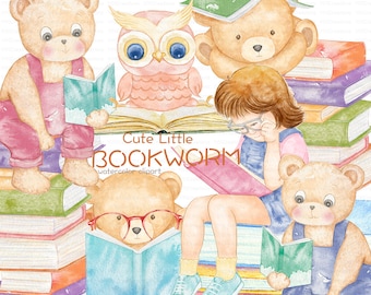 Watercolor Bookworm clipart, Digital Book clip art, Reading girl, Teddy bear, Owl, Bibliophile, Back To School, Vintage animal illustration