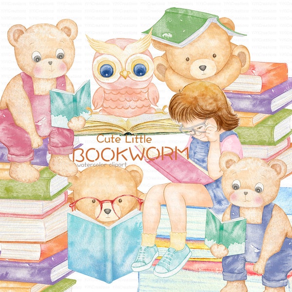 Watercolor Bookworm clipart, Digital Book clip art, Reading girl, Teddy bear, Owl, Bibliophile, Back To School, Vintage animal illustration