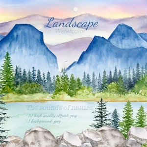 Imágenes prediseñadas de paisaje de acuarela, montaña imprimible, borde de bosque digital, fondo de bosque de coníferas brumoso, pinos, paisaje natural, roca