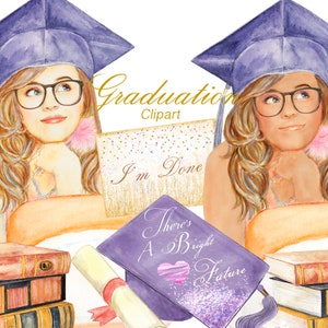 Graduate Girl Clipart, Graduación Clip Art, Graduado Planificador, Universitario Senior Fashion, Mujeres Grad, Afroamericana, Rubia, Diploma, Sombrero