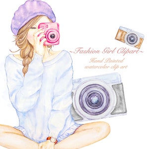 Clipart de fotografia em aquarela, garota com câmeras, viagens de moda, fotógrafo, Polaroid, gráficos de viagem, ilustrações modernas, logotipo png