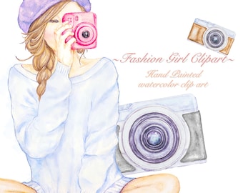 Watercolor Photography Clipart, Girl with Cameras, Fashion Travel, Photographer, Polaroid, Journey Graphics, Modern Illustrations, Logo png