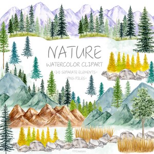 May include: Watercolour clipart set featuring mountains, trees, rocks, and grass. The set includes 20 separate elements, all in PNG format. The text "NATURE WATERCOLOR CLIPART" is displayed in the centre of the image.