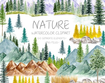 Watercolor Nature Clipart, Printable Mountain, Woodland Border, Conifer Forest, Pine trees, Countryside Scenery, Hill, Snow Peak, Greenwood