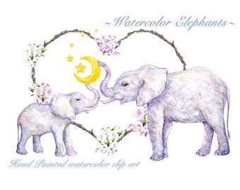 Watercolor Elephant  Clipart, Mother's day, Love Animal, Mommy and Baby elephant, Heart, Flower Wreath, Frame, Star, Moon, Maple, Nursery