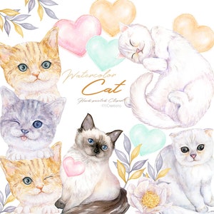 水彩画のかわいい猫のクリップアート、デジタル子猫の画像、印刷可能な猫の品種のペットのイラスト、水彩画の白い猫、猫好きの即時ダウンロード