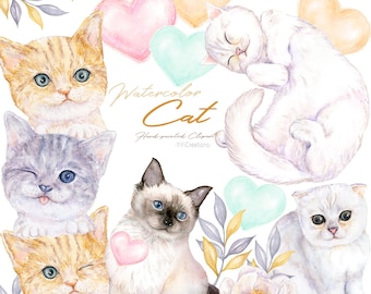 Watercolor Cute Cats Clipart, Digital Kitten image, Printable Cat Breeds Pet Illustration, Aquarelle White Cat, Cat Lover Instant Download