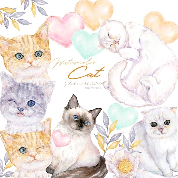 Watercolor Cute Cats Clipart, Digital Kitten image, Printable Cat Breeds Pet Illustration, Aquarelle White Cat, Cat Lover Instant Download