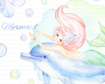 Dreamy ocean clipart. Pastel Mermaid, Watercolor sea creatures download, Dolphin, Underwater illustration, Girl graphic, Seaweed, Starfish