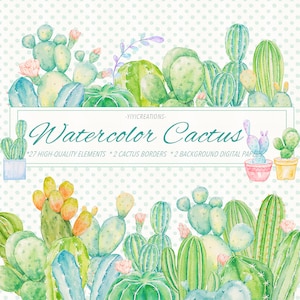Aquarelle Verdâtre Cactus Clipart, Cactus Border Design, Tropical Succulent, Plante du désert, Graphique d’été, Sud-Ouest imprimable, Plante laiteuse