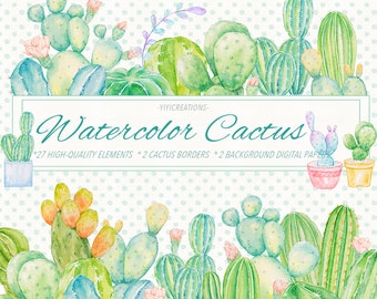 Watercolor Greenish Cactus Clipart,  Cacti Border Design, Tropical Succulent, Desert Plant, Summer Graphic, Printable Southwest, Milky Plant