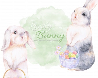 Spring watercolor Easter Bunny Clipart, Lop rabbit Illustration, Easter Eggs with Basket, Hand Drawn bunnies, Garden animal, Nursery art Png