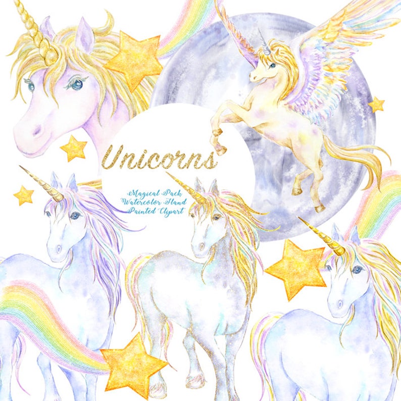 gold watercolor unicorn clipart unicorn horn printable etsy