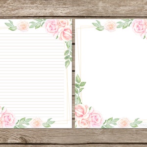 Lot de 6 articles de papeterie imprimables roses, papier à lettre numérique à télécharger, feuille d'écriture floral rose, note vierge et lignée, pages de journal imprimables