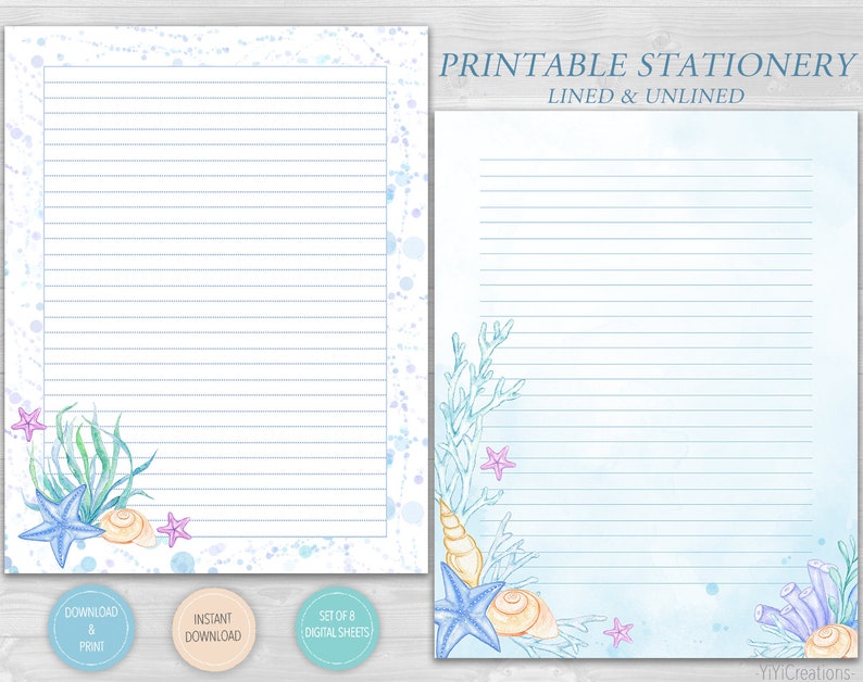 Blue Ocean Printable Writing Paper Set of 8, Cute Dolphin Stationery Download, Under The Sea Letter Note, Journal Page, Lined/Unlined sheet image 5