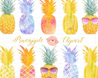 Summer clipart - watercolor tropical fruit, modern hand painted graphic - pineapple invite, logo, favor, monogram in vibran colors, download