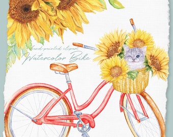 Watercolor Retro Bicycle Clipart, Spring Floral Bike, Sunflower Bouquets, Cute Cat Clip art, Vintage Fall Illustration, Rustic Flower Basket