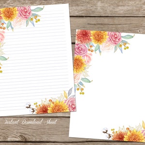 Papel de carta imprimible floral, página de diario rústico, papelería de descarga instantánea de Dahlia, hoja de escritura digital, nota de carta en blanco 8.5 x 11