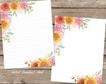 Floral Printable Letter Paper, Rustic Journal Page, Dahlia Instant Download Stationery, Digital Writing Sheet, Blank Letter Note 8.5 x 11