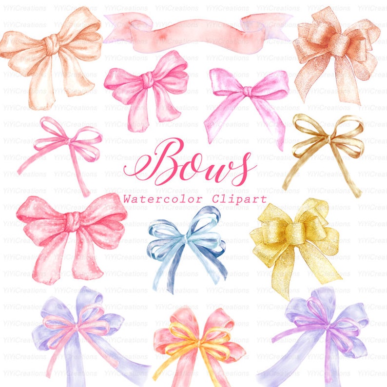 Watercolor hand painted Bows clipart, Gold and Pink, Coral and Navy, Peach and Purple, invitations, bowknot, Gift, Decorations, DIY elements image 1