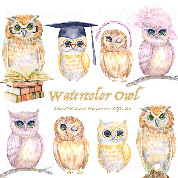 Graduation Clip Art, Watercolor Owl Family Clipart, Midnight Spirit Animal Graphic, Back To School Graphic, Bird With Book, glasses, Planner
