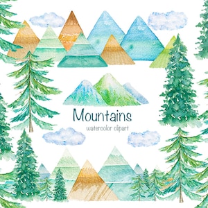 May include: Watercolour clipart showing stylised mountains and evergreen trees in shades of green, blue, and brown. The word "Mountains" is written in a teal script, with the text "watercolor clipart" below it.