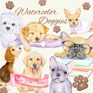 Clipart per cani ad acquerello, download digitale di cagnolini, cuccioli carini, razze di cani, illustrazione digitale di animali domestici, download istantaneo di animali, amante dei cani PNG