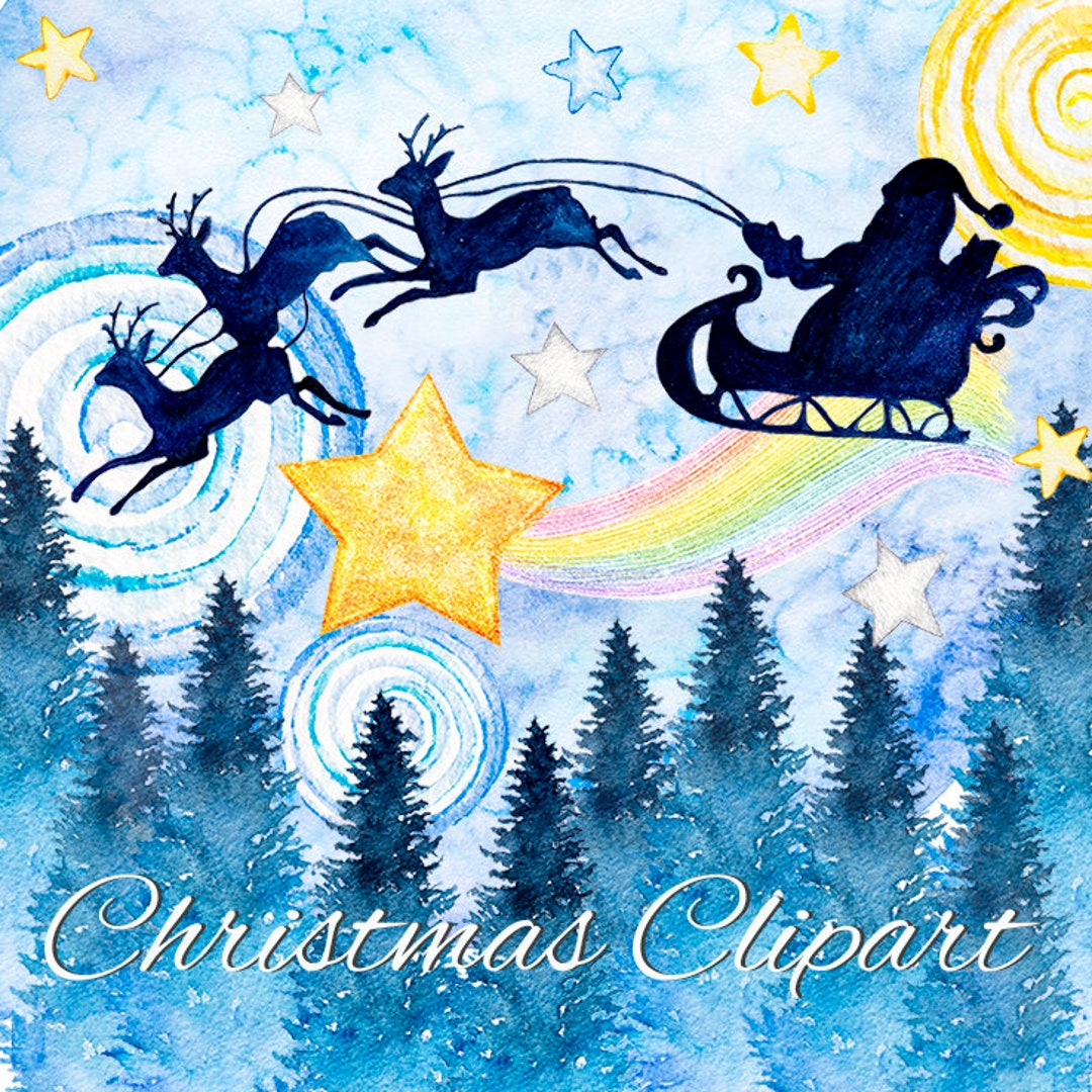 Santa Night Before Christmas Clipart, Merry X’mas Watercolor Clip Art