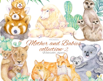 Mother and Baby Animal Collection-2, Mother's Day, Mom & Me, Watercolor Koala, Mommy and Cub Lion, Red Fox, Meerkat, Red Panda, Sheep, Lamb