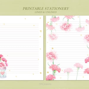 Papier à lettres imprimable Carnation, Page de journal floral, papeterie de téléchargement instantané de fleur rose, feuille d'écriture numérique, note vierge 8,5 x 11