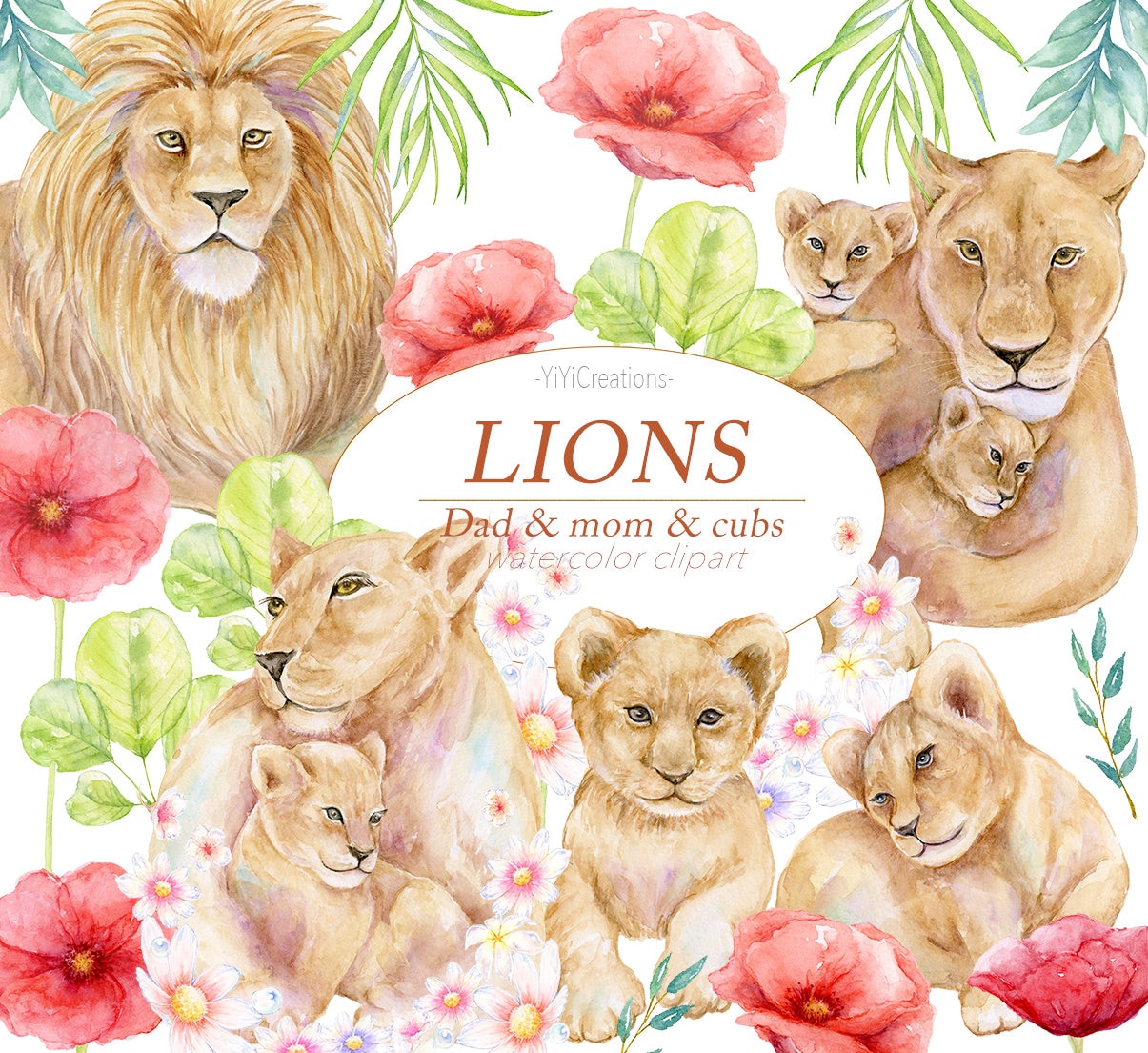 Aquarell Lowe Familie Clipart Mutter Und Babys Druckbare Etsy