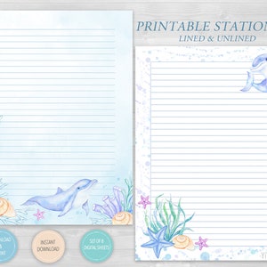 Blauer Ozean druckbares Briefpapier Set von 8, niedlichen Delfin Briefpapier Download, Unterwasser Brief Notiz, Journal Seite, liniert/Unliniert Blatt