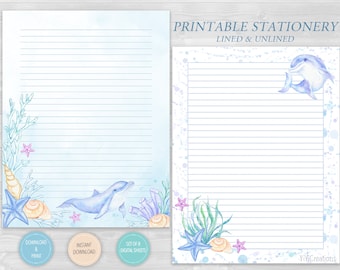 Blue Ocean Printable Writing Paper Set of 8, Cute Dolphin Stationery Download, Under The Sea Letter Note, Journal Page, Lined/Unlined sheet