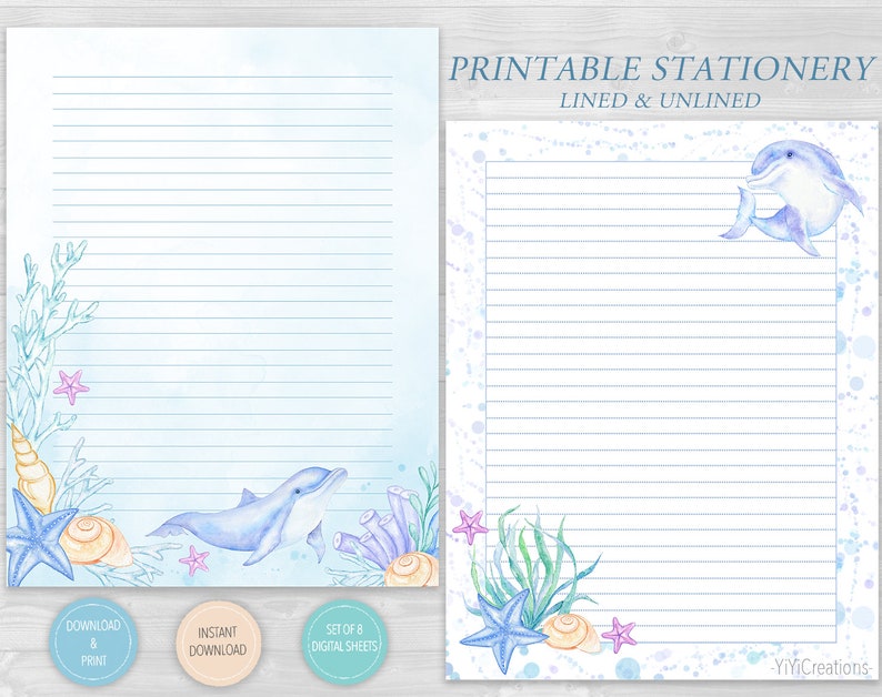 Blue Ocean Printable Writing Paper Set of 8, Cute Dolphin Stationery Download, Under The Sea Letter Note, Journal Page, Lined/Unlined sheet image 1