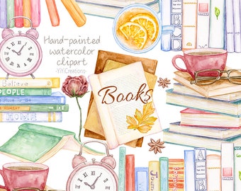 Watercolor Book Clipart, Vintage illustrations, Old Style Literature Download, Back To School, Library, Coffee and Tea images, Clock png