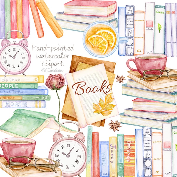 Watercolor Book Clipart, Vintage illustrations, Old Style Literature Download, Back To School, Library, Coffee and Tea images, Clock png