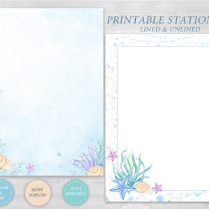 Blue Ocean Printable Writing Paper Set of 8, Cute Dolphin Stationery Download, Under The Sea Letter Note, Journal Page, Lined/Unlined sheet image 4