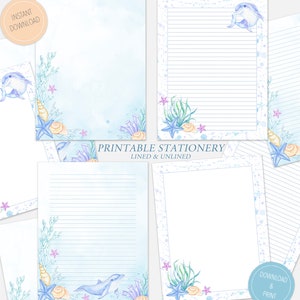 Blue Ocean Printable Writing Paper Set of 8, Cute Dolphin Stationery Download, Under The Sea Letter Note, Journal Page, Lined/Unlined sheet image 2