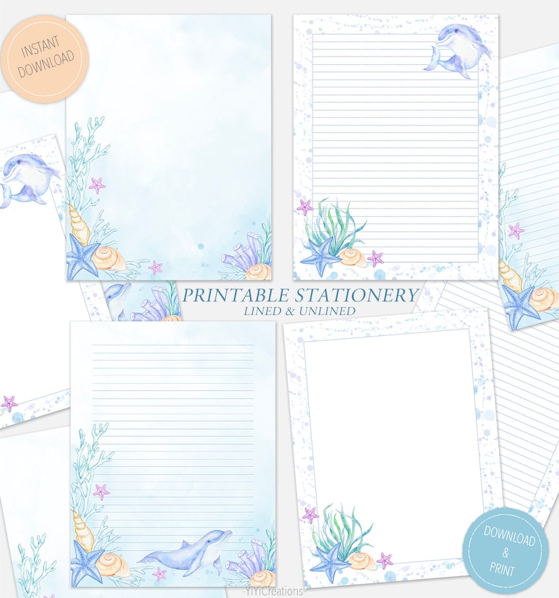 Blue Ocean Printable Writing Paper Set of 8, Cute Dolphin Stationery Download, Under The Sea Letter Note, Journal Page, Lined/Unlined sheet image 2