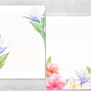 Tropical Flower Printable Stationery, Floral Journal Set, Instant Download Letter Paper, Digital Writing Sheet, Blank Letter Note 8.5 x 11