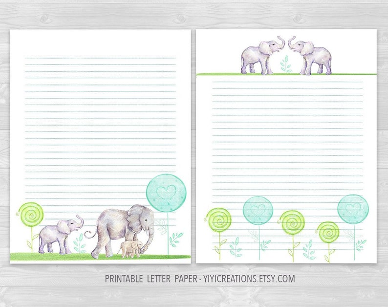 Lined and Blank Elephant Printable Letter Paper Set Hand-painted Watercolor PDF Stationery Writing Sheet Digital Animal Paper Download
