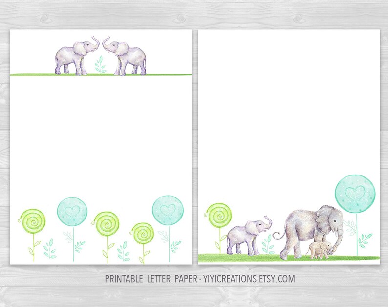 Lined and Blank Elephant Printable Letter Paper Set Hand-painted Watercolor PDF Stationery Writing Sheet Digital Animal Paper Download