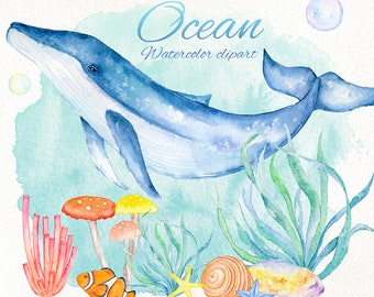 Blue ocean clipart. Watercolor underwater creatures, whale, green sea turtle, jellyfish, seahorse, seaweed, clownfish, fishes, stingray png