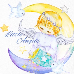 Clipart di graziose bambine angioletti, clipart di acquerelli per bambini da scaricare istantaneamente, colomba bianca, ali, luna, stelle scintillanti, Spirito Santo, fata png