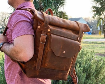 Copper Rough & Tough Leather Roll Top Backpack with Pockets made in USA, Distressed Leather Backpack, Travel Leather Bag, Brown Backpack