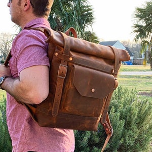 Copper Rough & Tough Leather Roll Top Backpack with Pockets made in USA, Distressed Leather Backpack, Travel Leather Bag, Brown Backpack